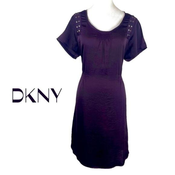DKNY Burgundy Studded Smocked Raw Edges Boho Festival Dress NWOT Size 12 - Picture 2 of 13